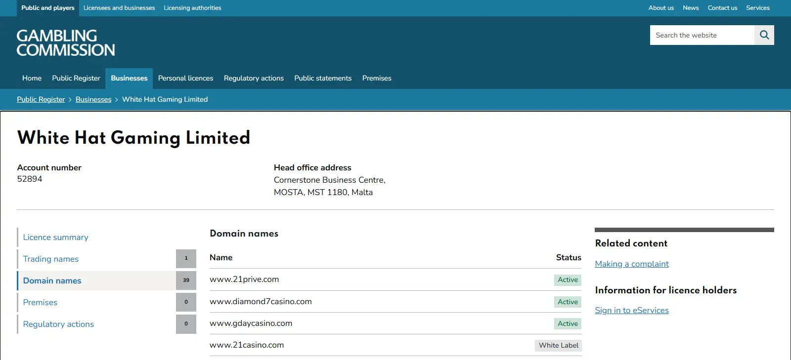 Image of the Gambling Commission register for White Hat Gaming Limited account 52894
