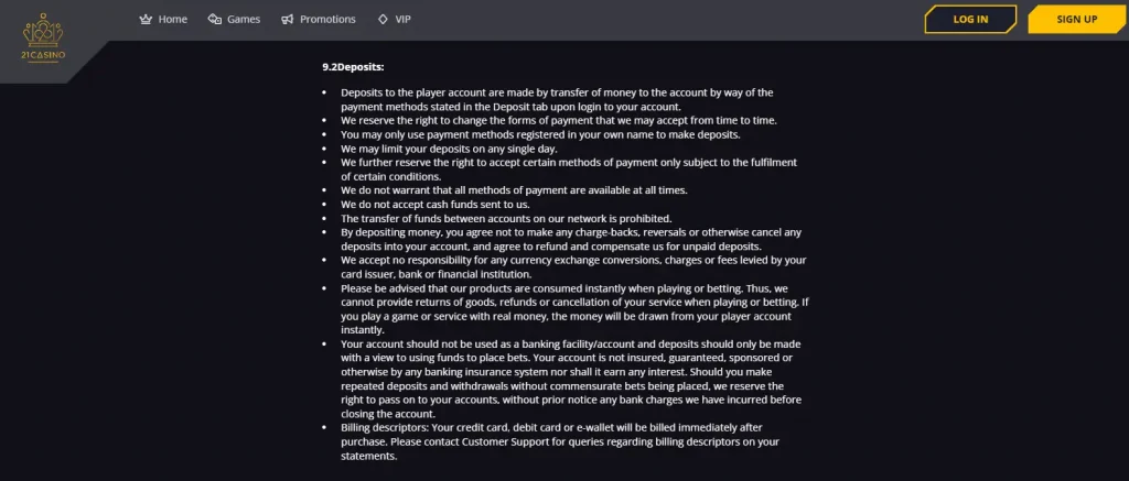 21 Casino Deposits