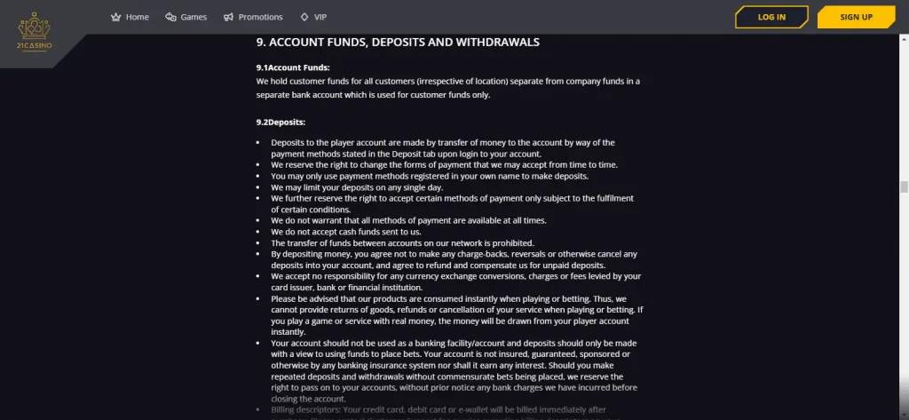 21 Casino Payments