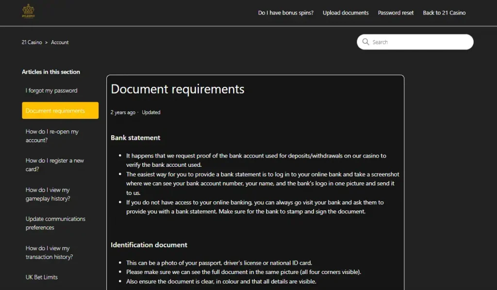 21 Casino Verification and KYC